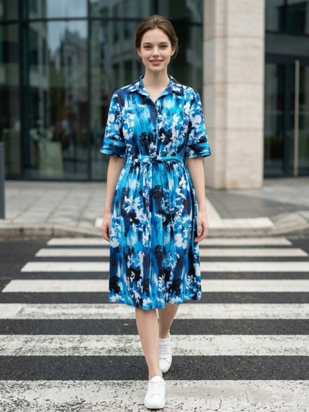 NWT DKNY Blue Floral Belted Shirt Dress Women's Size 6 Cotton Midi